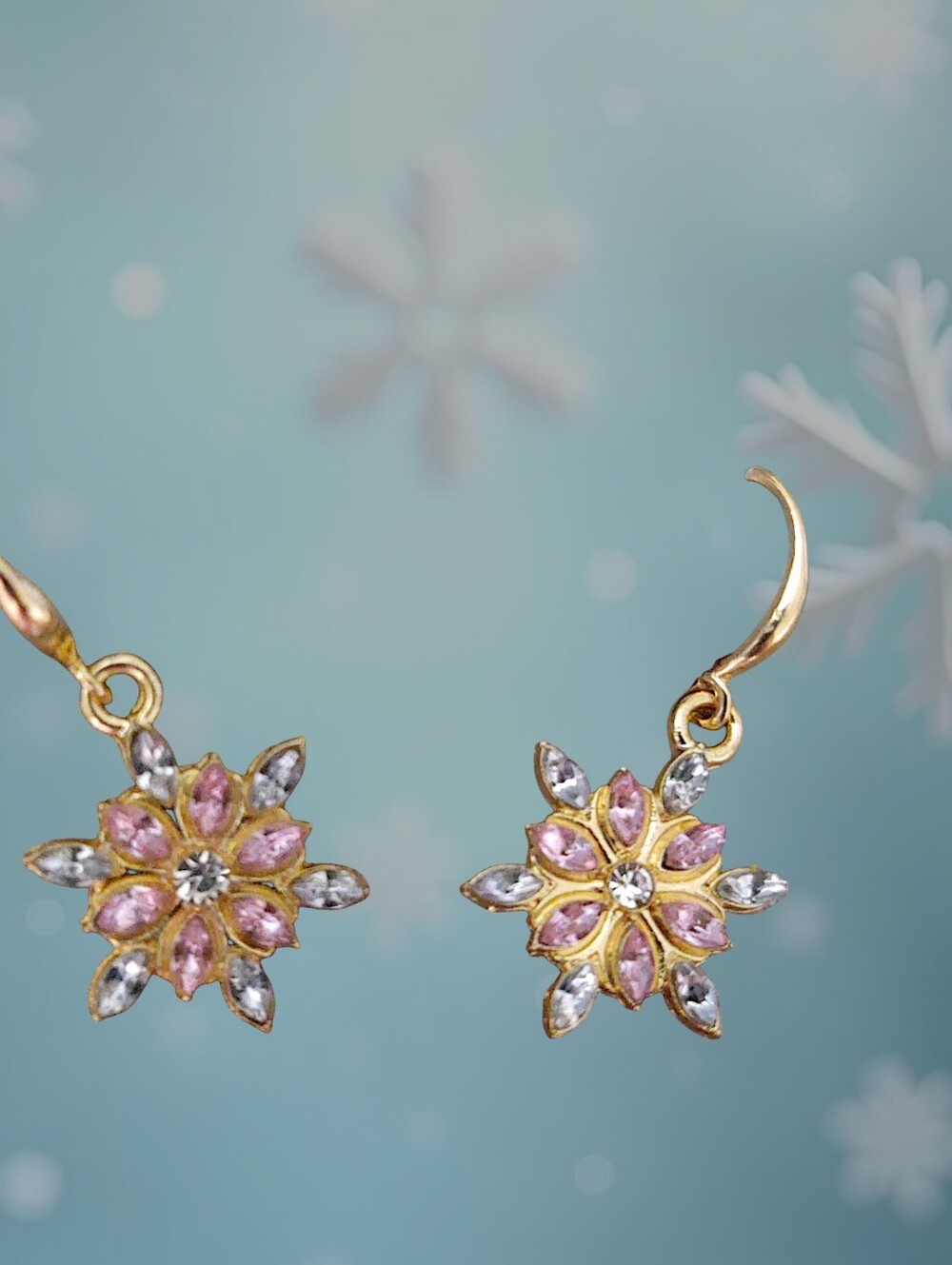 Pink Rhinestone Snowflake Earrings